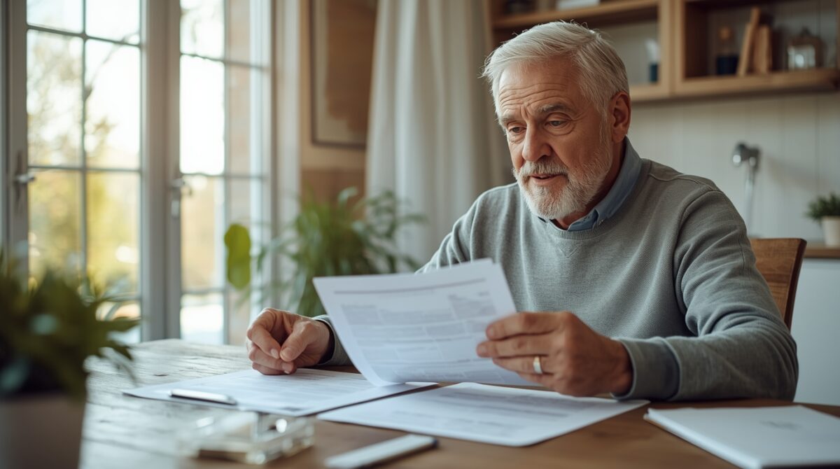 senior czytający dokumenty ubezpieczeniowe w domu