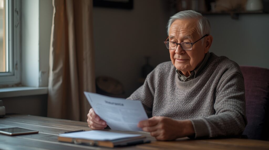 emeryt analizujący polisę ubezpieczeniową w domu