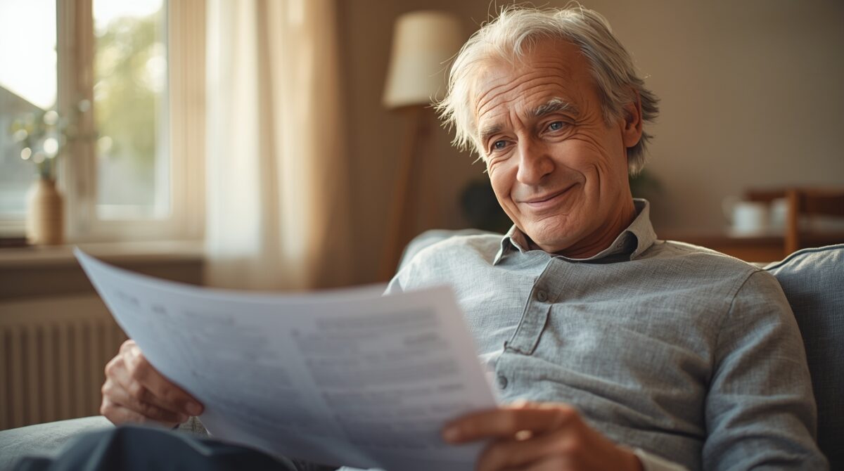 senior analizujący ubezpieczenie mieszkania w domu