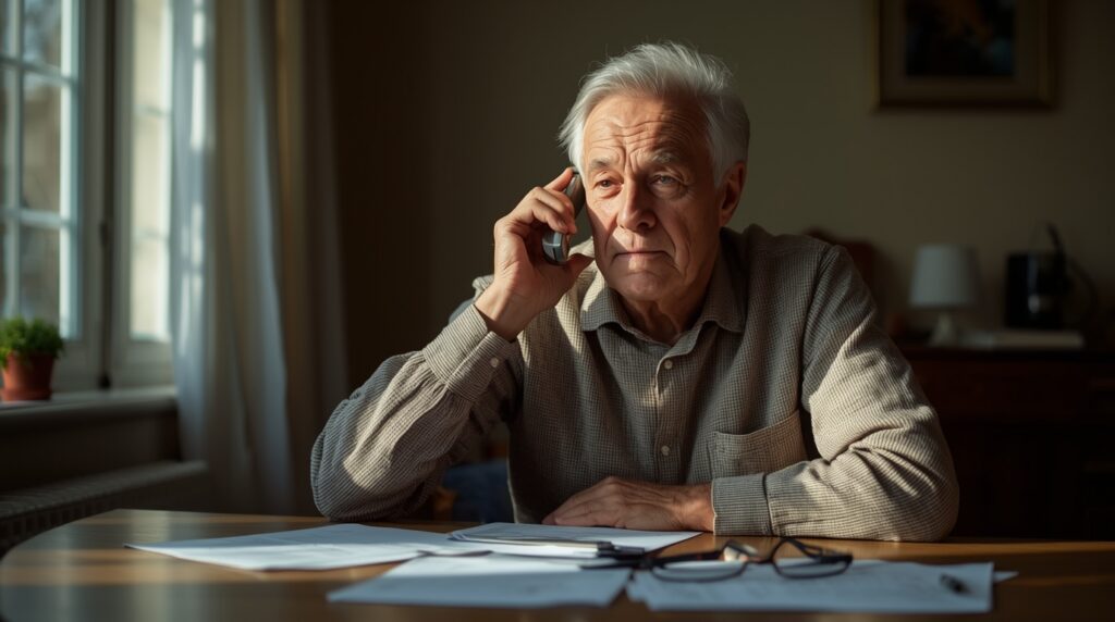 senior odbierający telefon w domu z dokumentami finansowymi