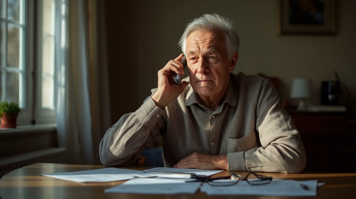 senior odbierający telefon w domu z dokumentami finansowymi