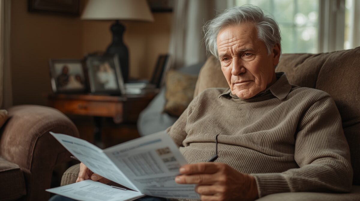 senior analizujący starą polisę ubezpieczeniową w domu