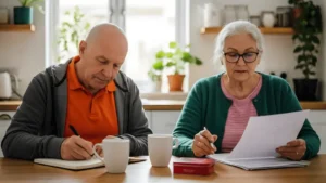 osoba starsza czytająca dokumenty ubezpieczeniowe przy stole