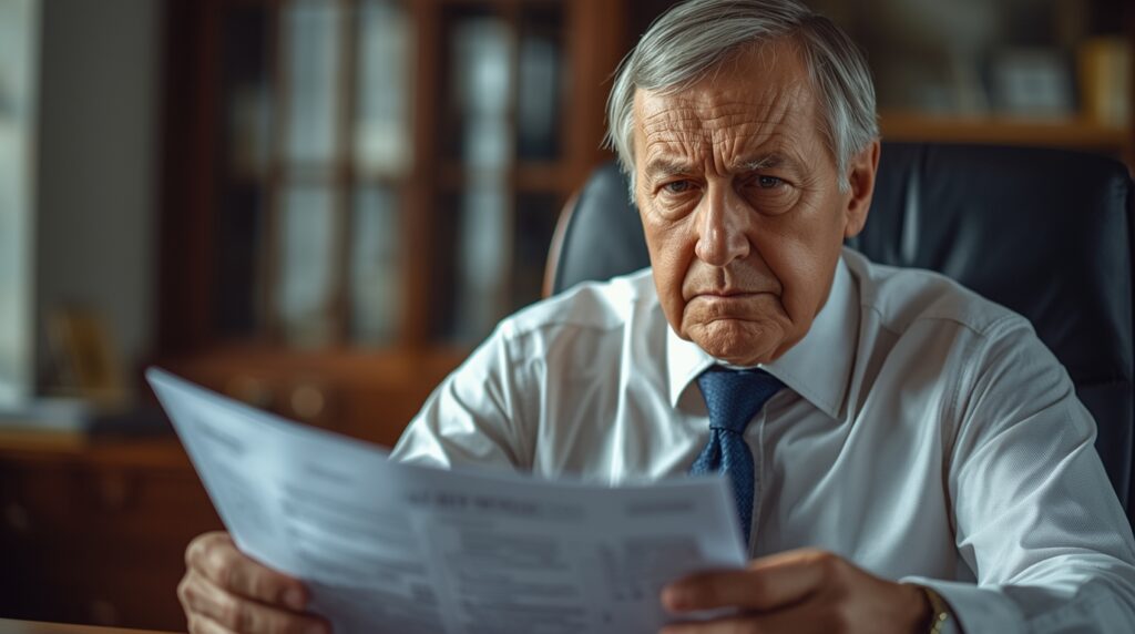 senior w oddziale banku analizujący dokumenty ubezpieczeniowe