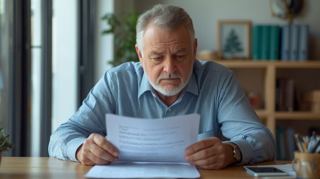 senior czytający dokument OWU przy stole