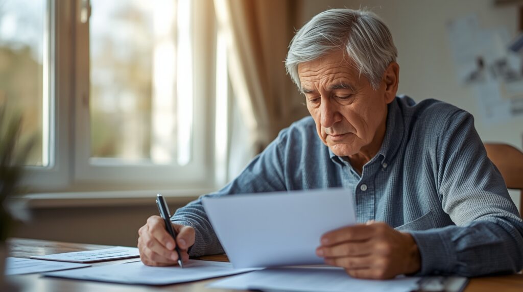 senior analizujący polisę ubezpieczenia na życie przy stole