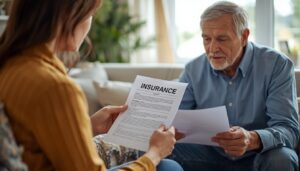osoba starsza pokazująca dokumenty ubezpieczeniowe członkowi rodziny