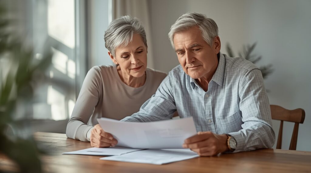 Dwie osoby starsze omawiające koszty ubezpieczenia swojego mieszkania