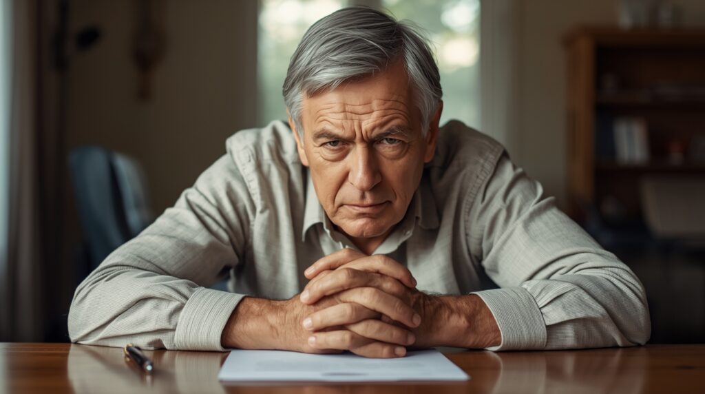 senior analizujący podpisania dokumentów ubezpieczeniowych