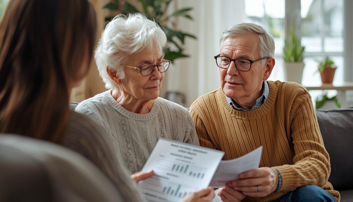 senior rozmawiający z dorosłym dzieckiem o finansach i ubezpieczeniach