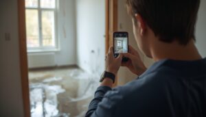 osoba robiąca zdjęcia szkód po zalaniu mieszkania