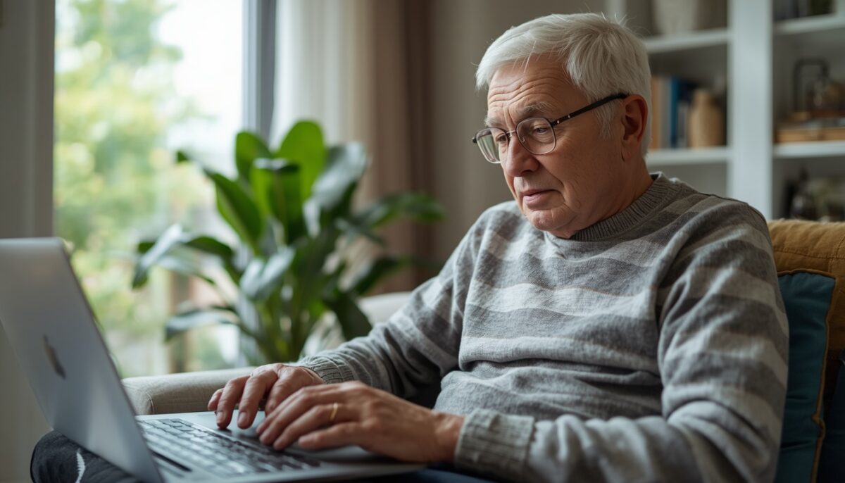 senior porównujący oferty ubezpieczeń na komputerze
