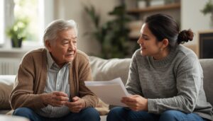 osoba starsza rozmawiająca z rodziną o sprawach finansowych