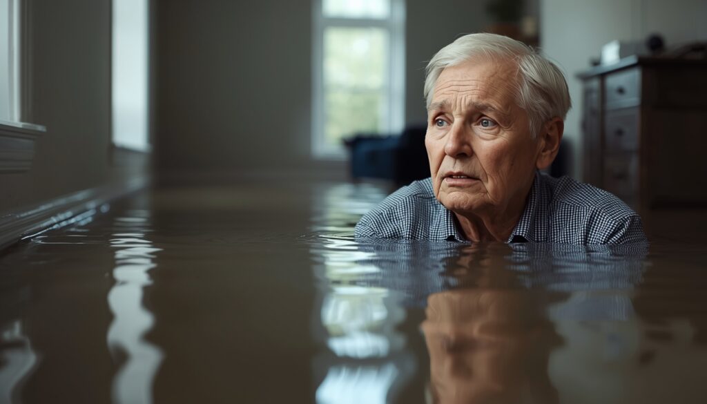 Senior w zalanym mieszkaniu analizujący sytuację