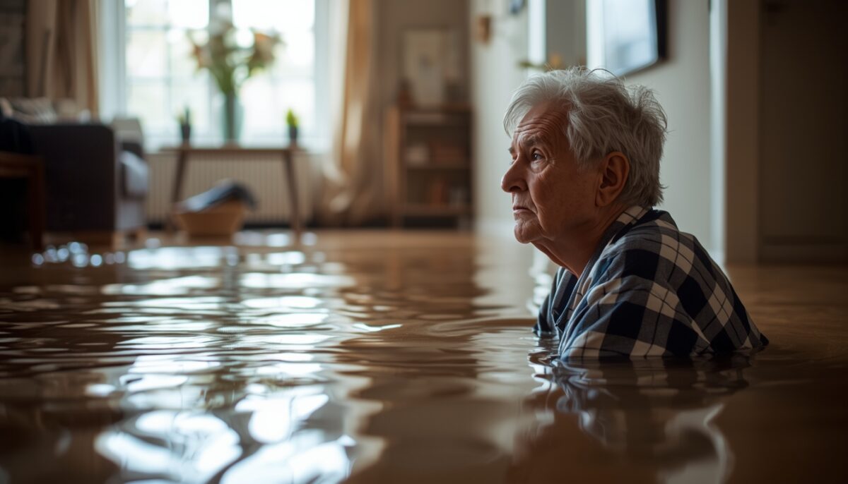 zalane mieszkanie i osoba starsza analizująca sytuację po szkodzie