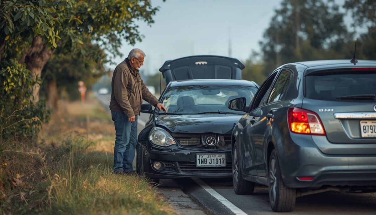 senior kierowca korzystający z pomocy assistance przy rozbitym samochodzie